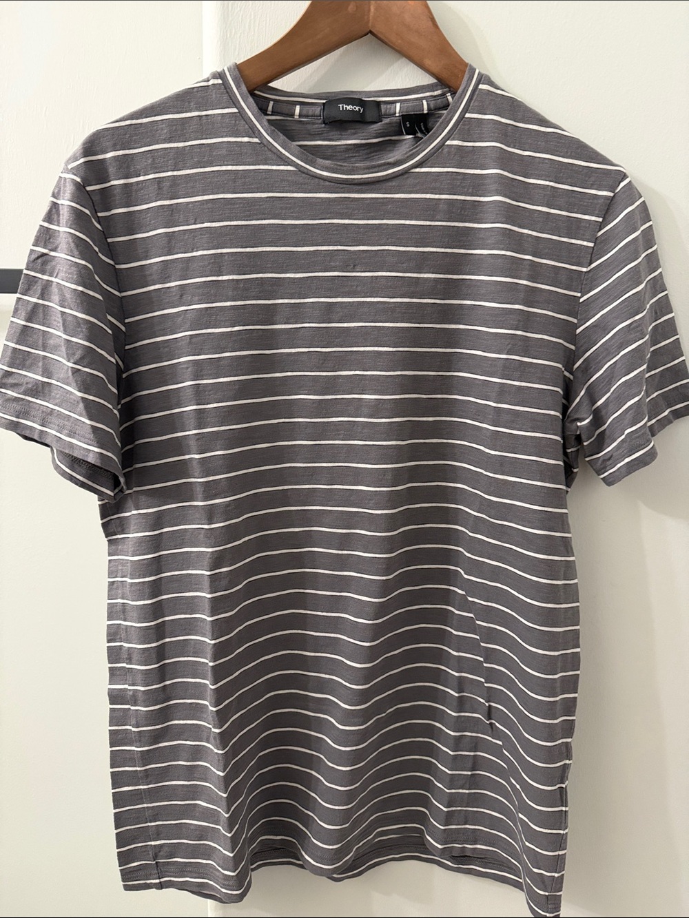 Theory Gray and White Striped Short-Sleeve Crew Tee